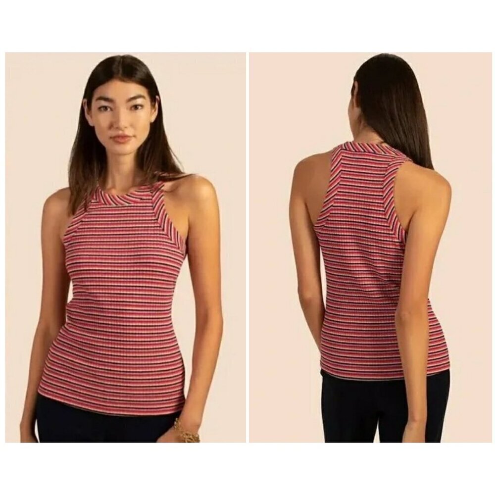💕TRINA TURK Continental Racerback Tank Top Ribbed Knit Stripe Print Large L NWT